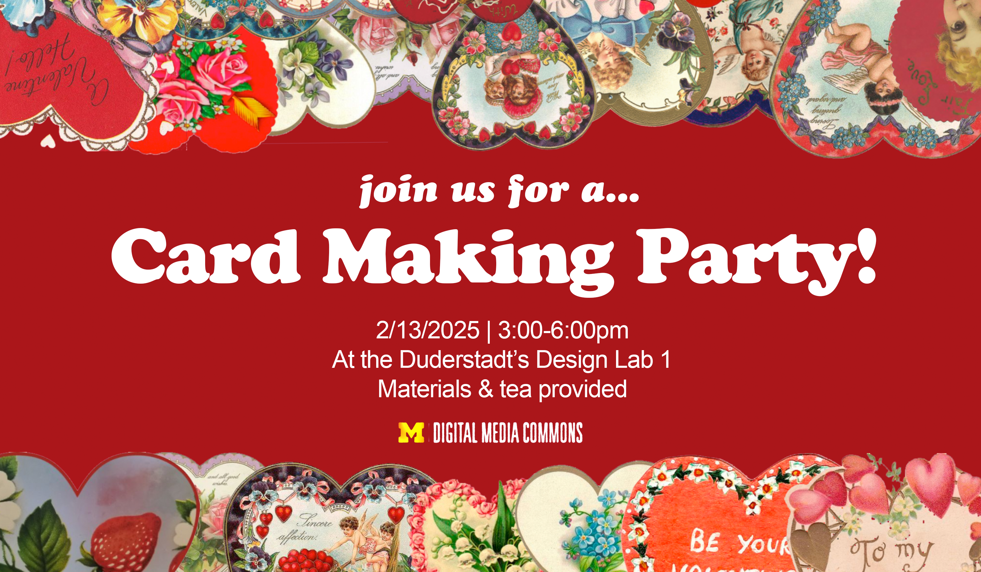 Invitation to card making party with a red background and decorative hearts.