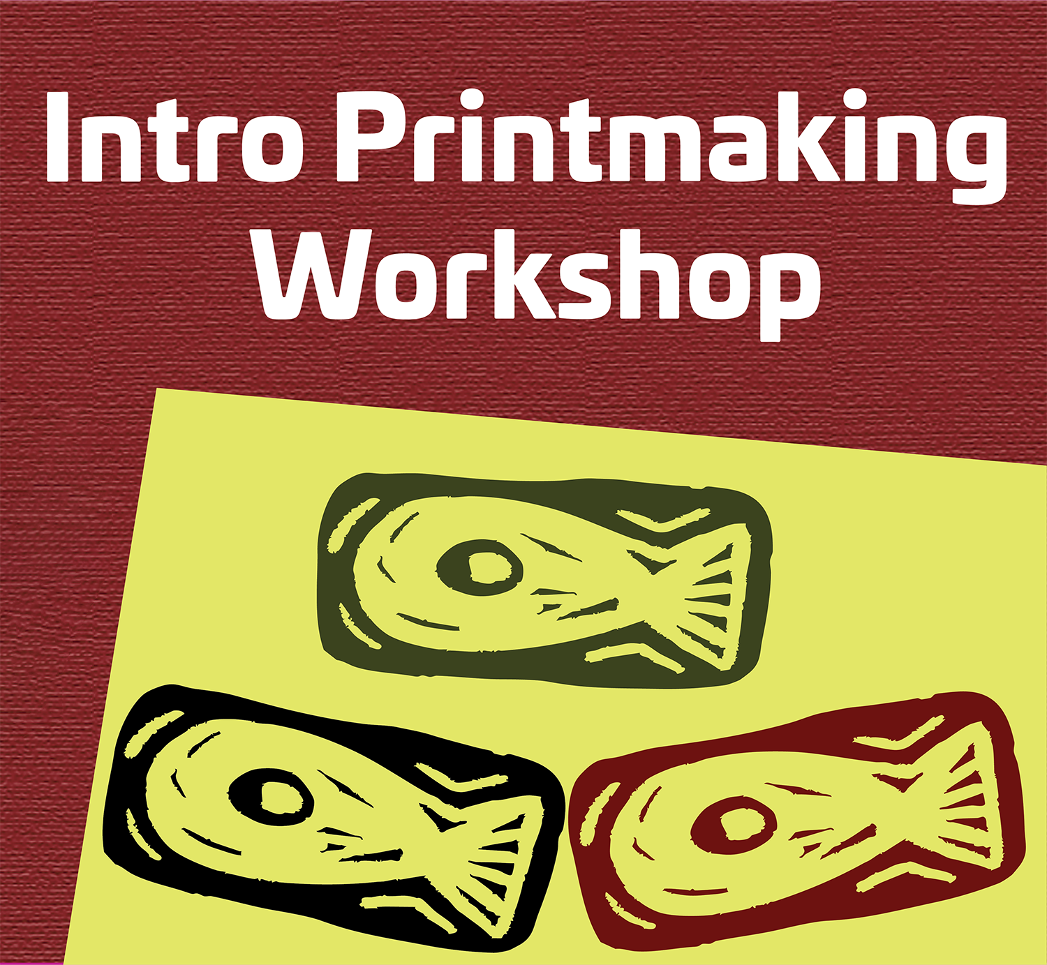 Fish print stamp image in a light green box and rust background.
