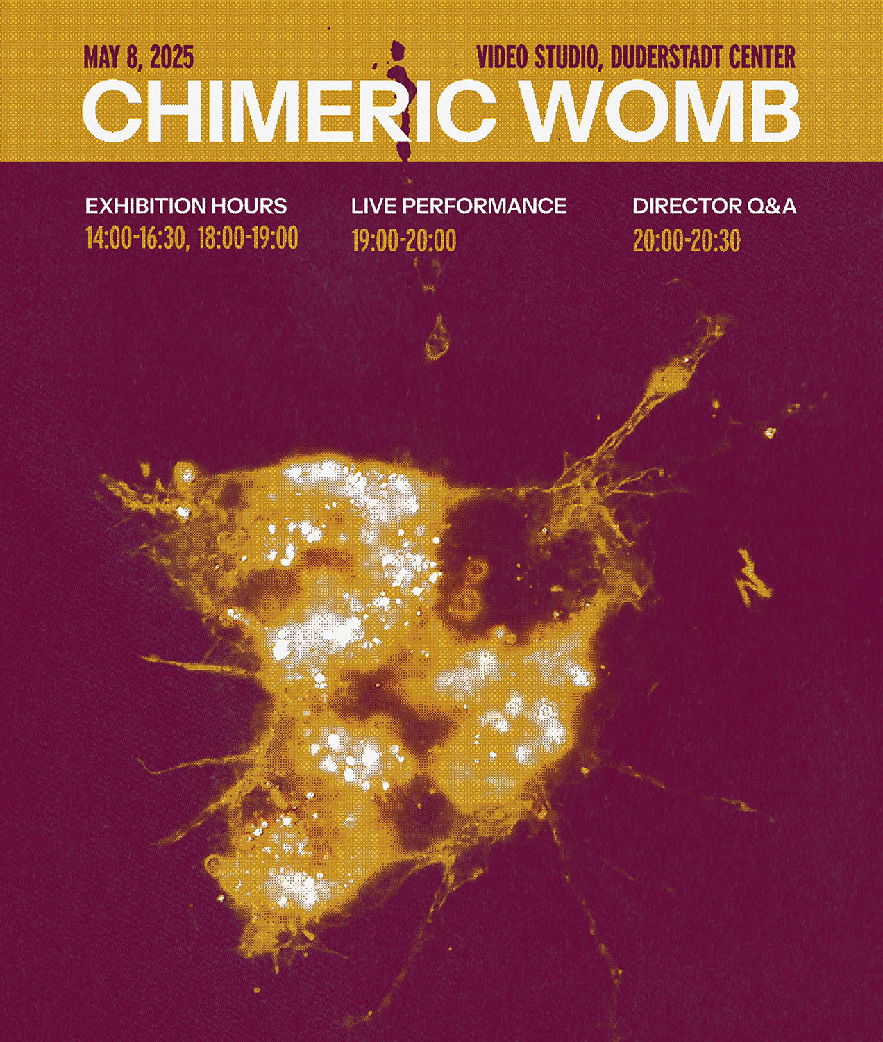Gold & white splat image on a burgundy background with text.