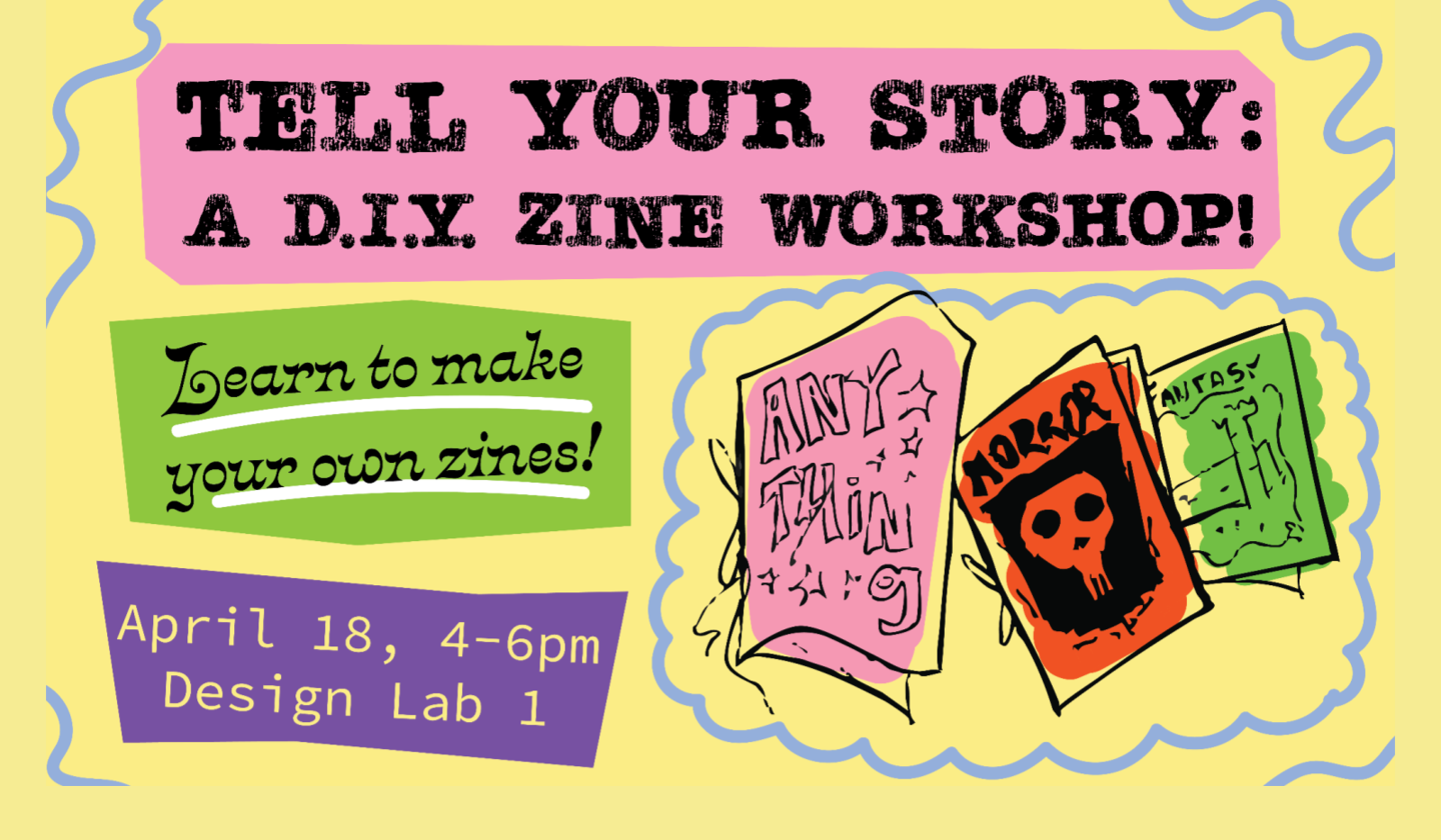 Green, pink, purple shapes on yellow background with text about zone workshop.