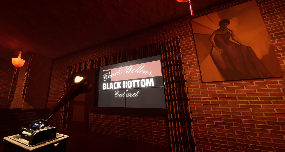 The "Black Bottom Cabaret" recreated in XR with moody lighting and a lighted sign with the cabaret name.