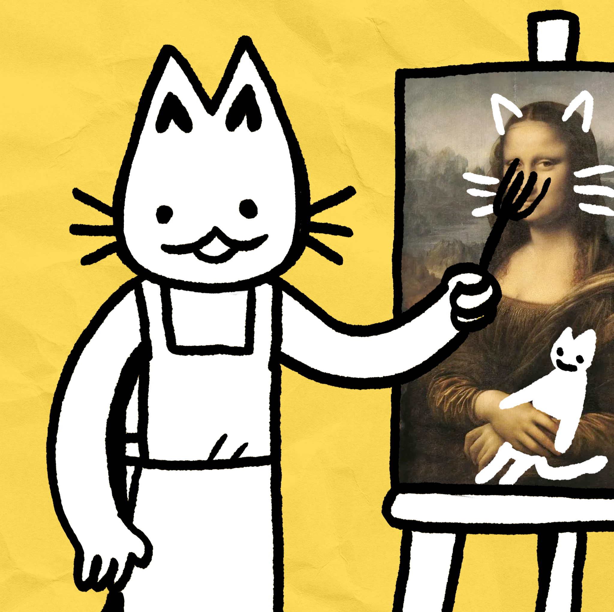Hand drawn cat with a painting on an easel and a yellow background.