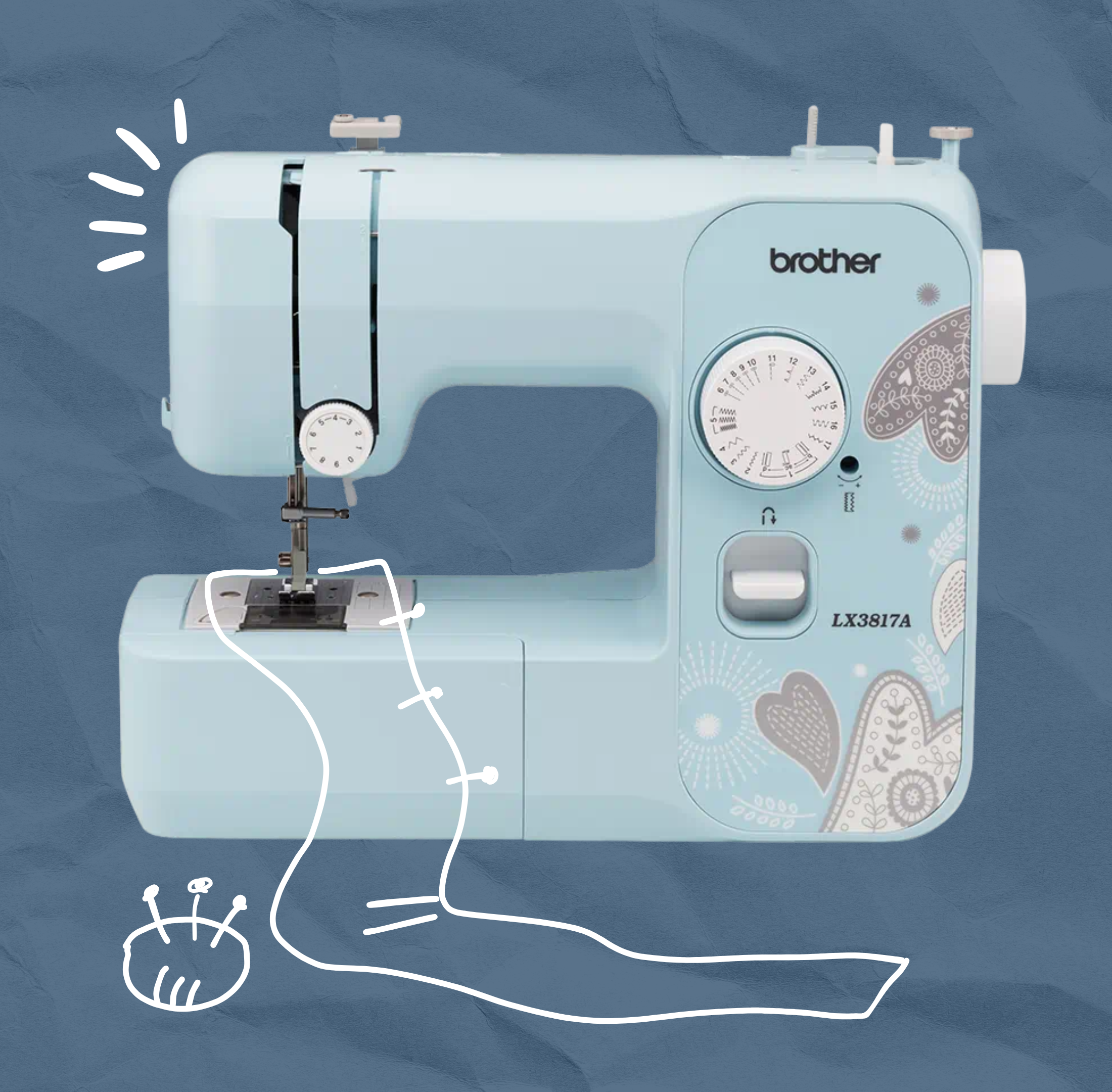 Sewing machine on a blue background.