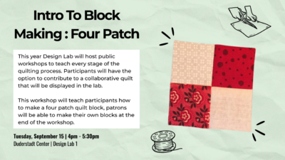 Promotional graphic for “Intro to Block Making: Four Patch"