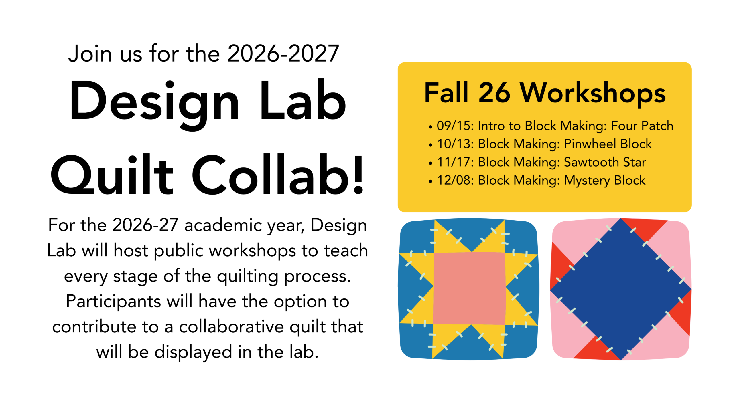Promotional graphic for the 2026–2027 Design Lab Quilt Collaboration,