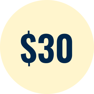 $30 donation amount displayed in a pale yellow circle.