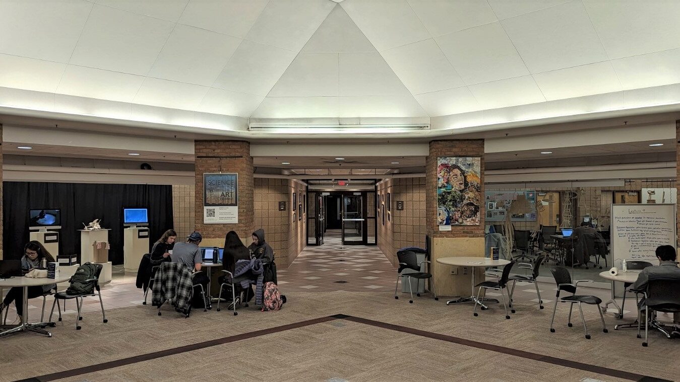 Photo of the Gallery and art displayed in the Central Collaboration Area of the Duderstadt Center