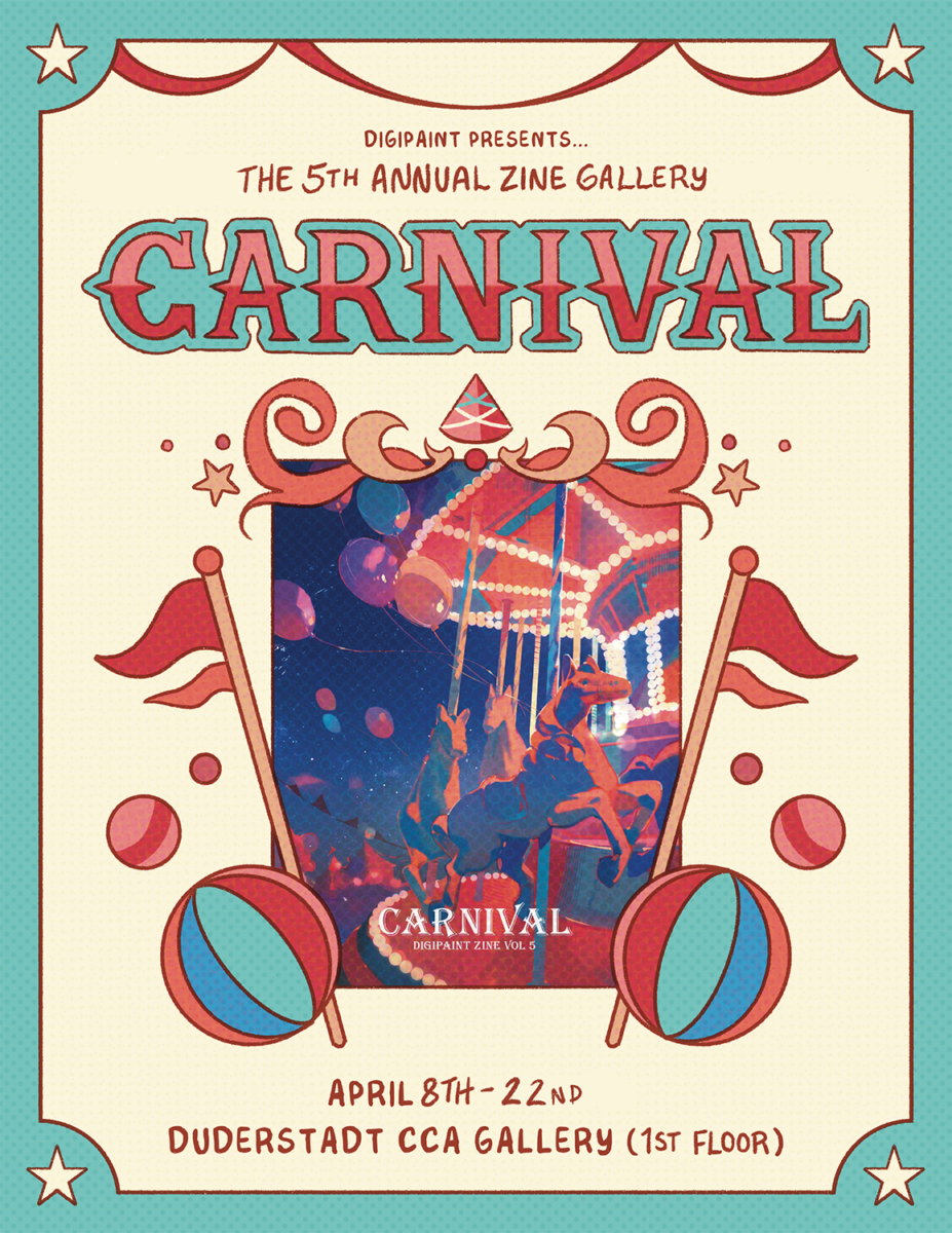 Carnival scene with a carousel, flags and balls and text.