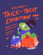 Tick or Treats poster featuring orange text "Trick or Treat Exhibition" over the dark purple background.