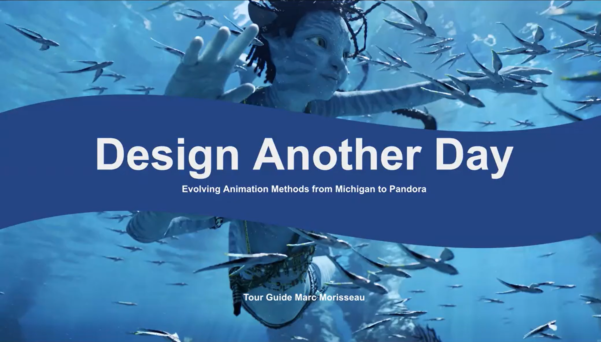 A slide deck with Avatar character as background with the title "Design Another Day"