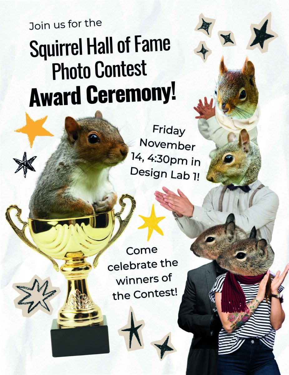 Four squirrels on the right of the image applauding the winning squirrel on left on top of the trophy