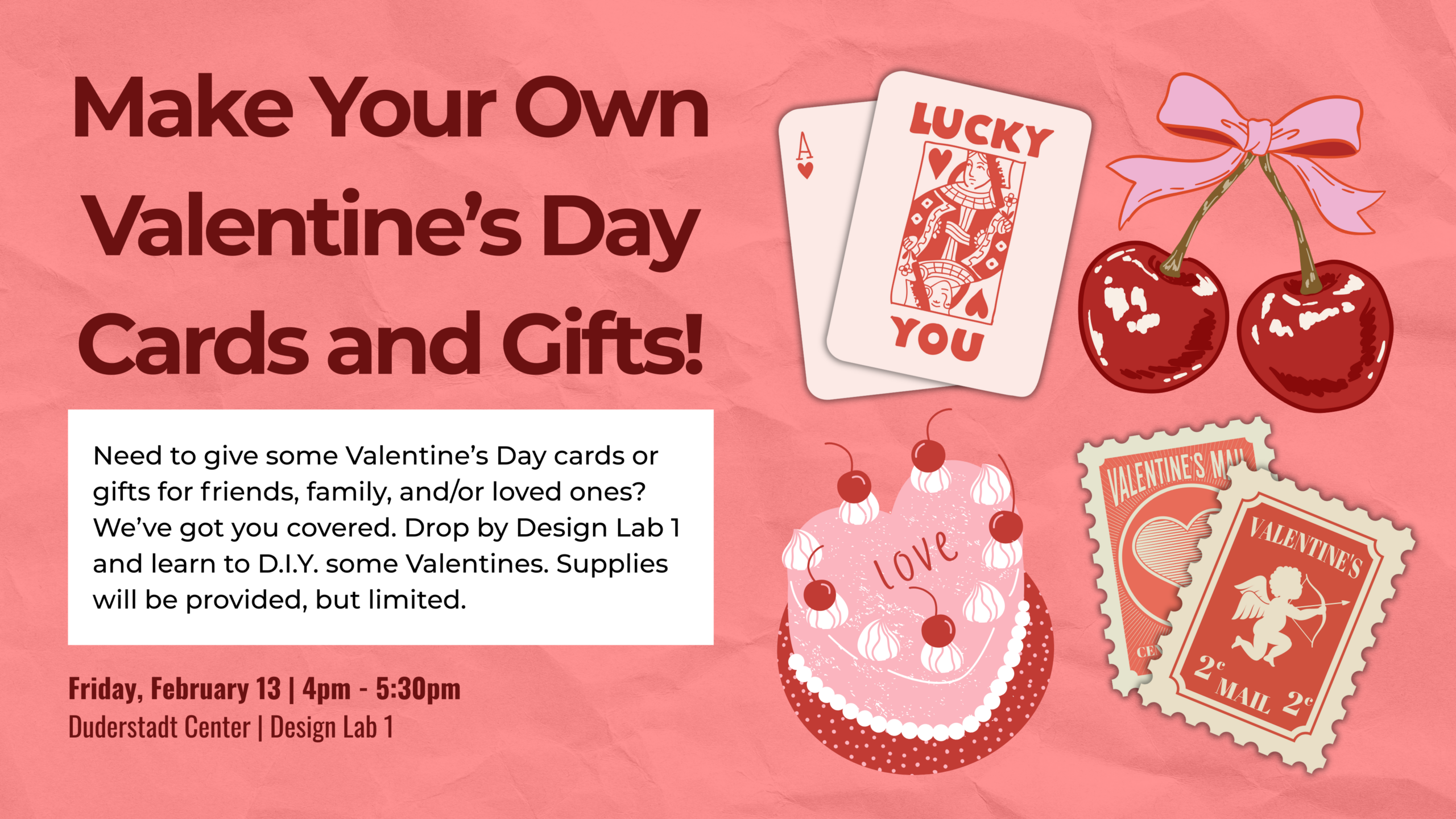 Cherries, cards and a heart shaped cake on a pink background.