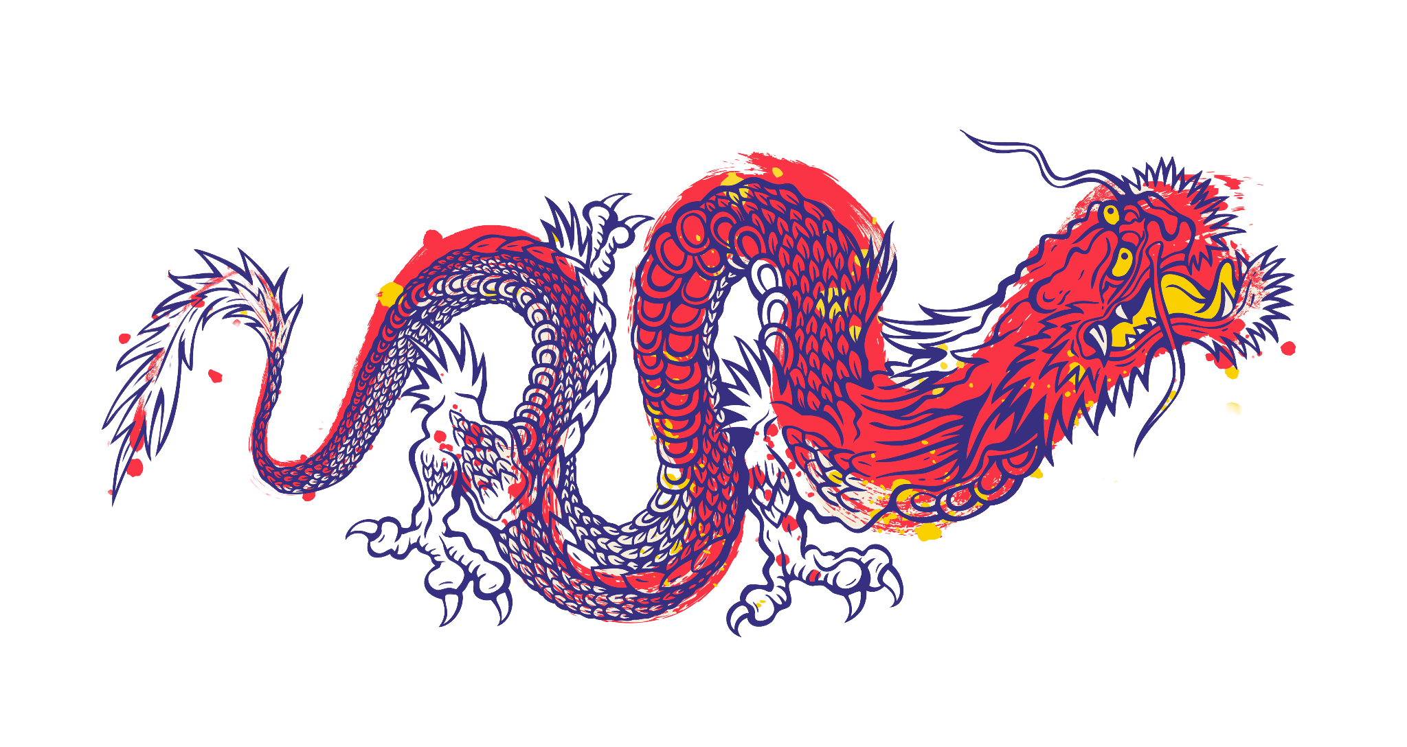 a red and blue dragon figure on the white background