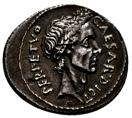 The front side of the ancient coin featuring Julia Caesar's profile