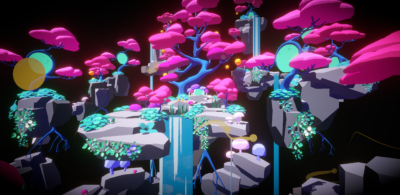 Colorful virtual landscape featuring floating rocky islands, bright pink trees, glowing plants, and cascading blue waterfalls against a dark background.