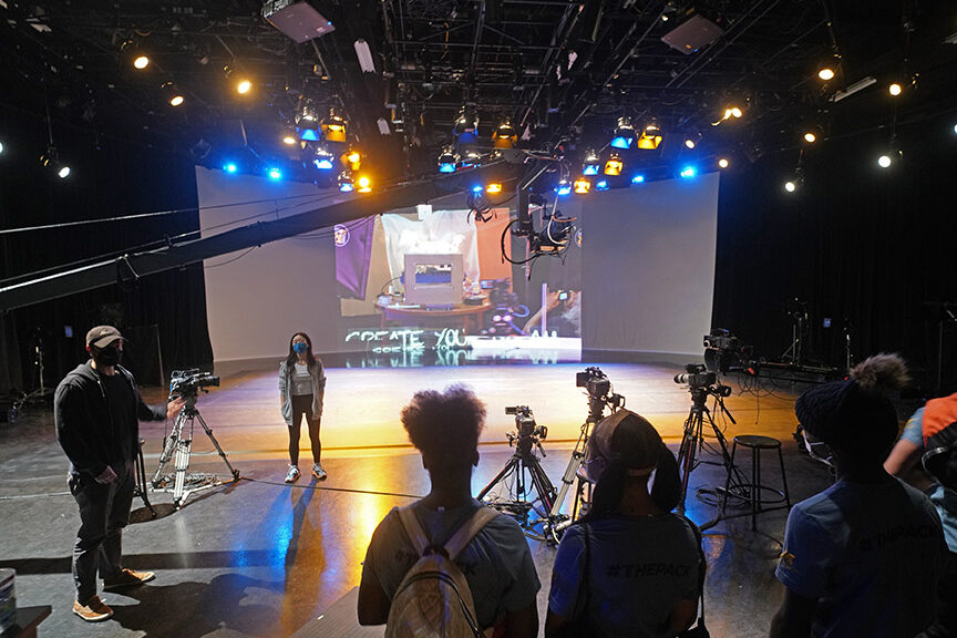 High school students from The School at Marygrove tour the multi-media Video Studio in the Duderstadt Center