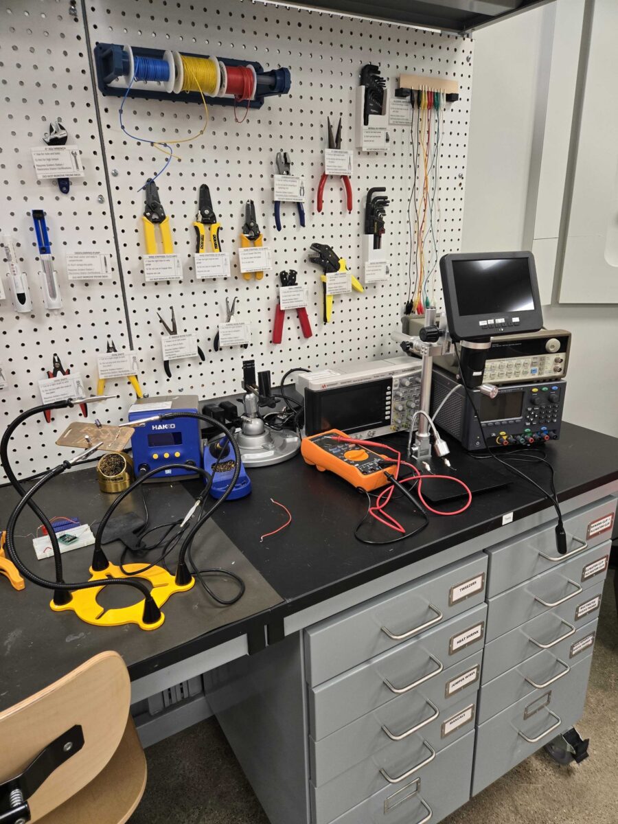 Collection of tools for electronics located in Fabrication Underground