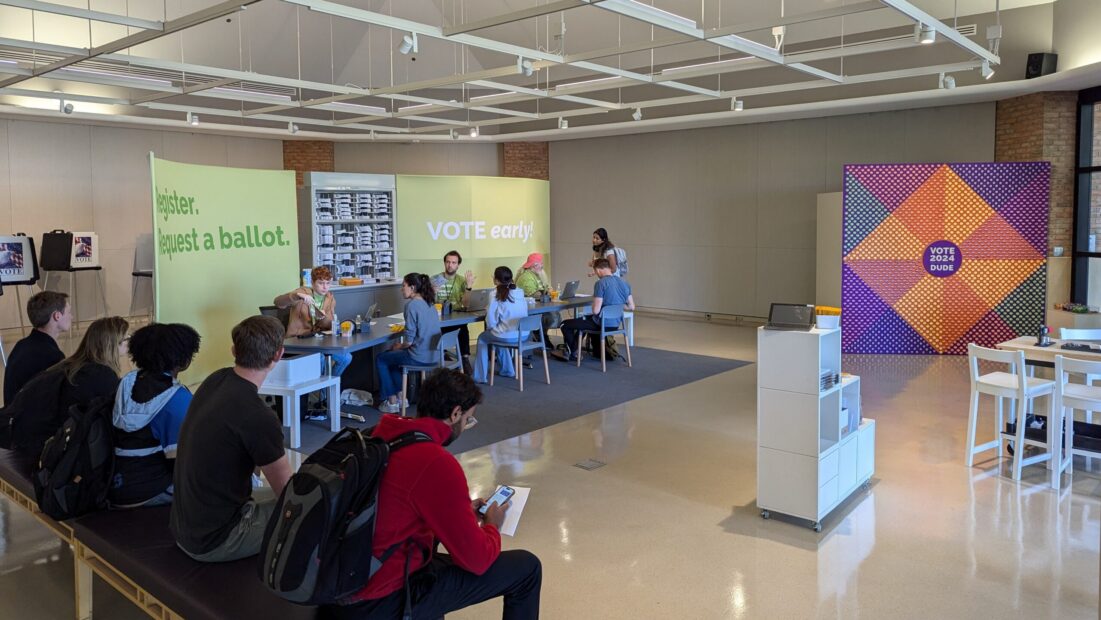 Students waiting for registering to vote at Duderstadt Center voting hub
